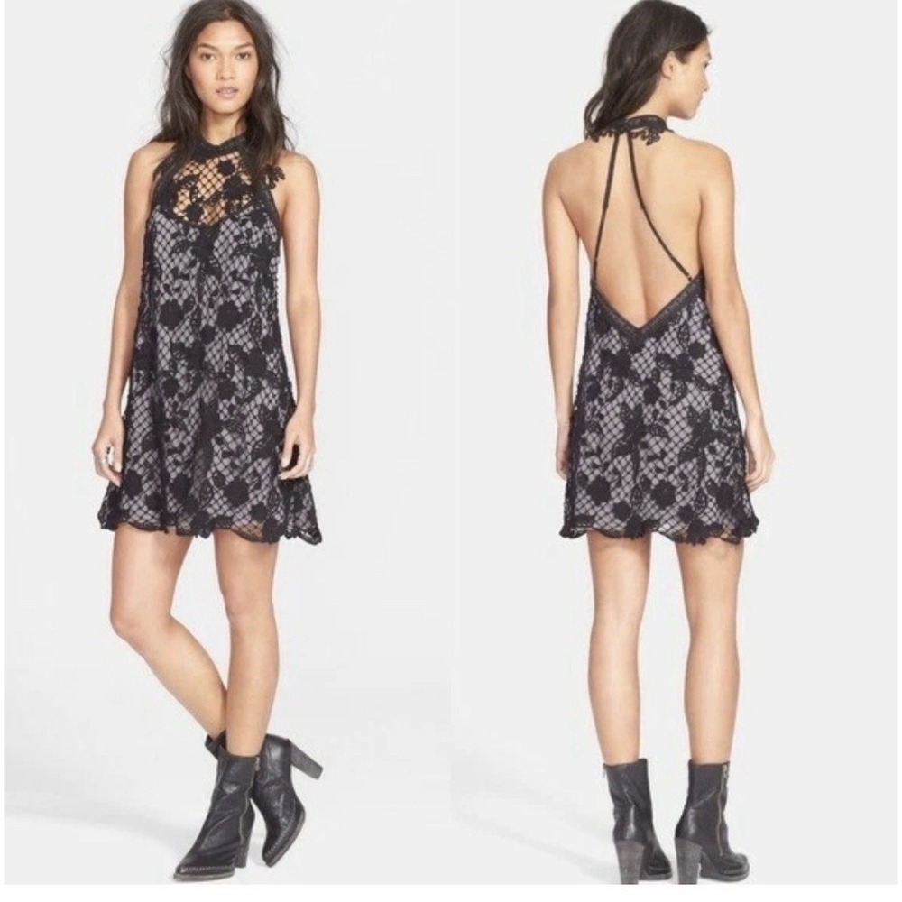 Free People Women's Snowdrop Lace Overlay Trapeze Dress Black & Gray Sz M - Picture 3 of 16